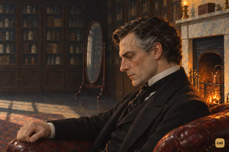 Dr. Jekyll sinks back in his leather armchair by the cabinet fire.