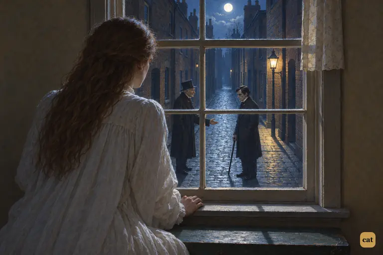 From her moonlit window, the maid recognises Mr. Hyde in the lane below