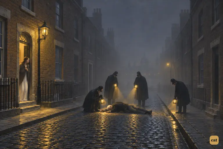 Constables' lanterns converge on the old gentleman's body in the foggy lane