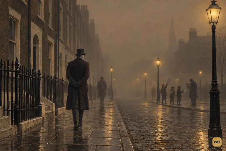Mr. Utterson walks home alone along a foggy London footway, his fears renewed