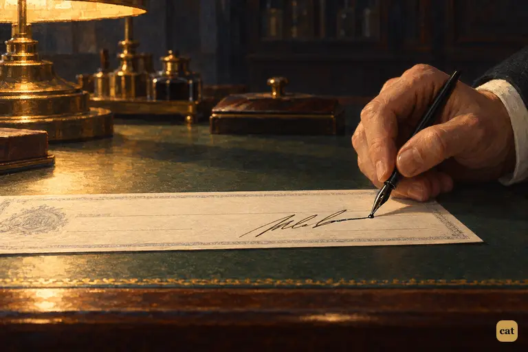 Late at night under the lamp, Jekyll signs Hyde's name in a backward-sloping hand