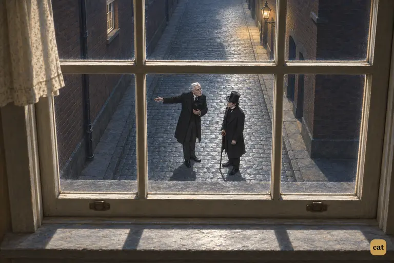 In the moonlit lane, a white-haired gentleman bows and asks a small man the way