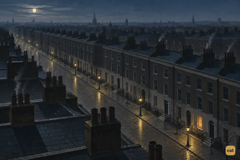 On a cold March evening, dark roofs and empty streets reach the horizon under a pale moon