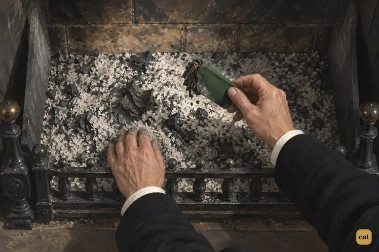 The inspector lifts a charred green cheque book from burned papers in Hyde's room