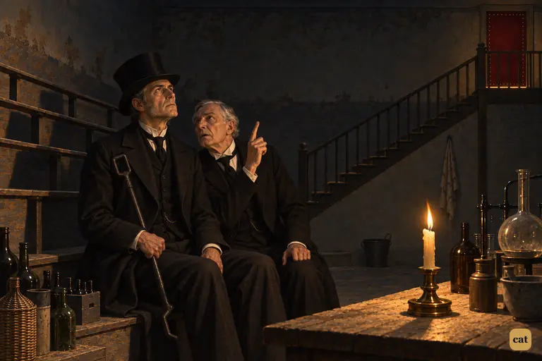 In the dark theatre, Utterson and Poole look up toward footsteps pacing the cabinet floor