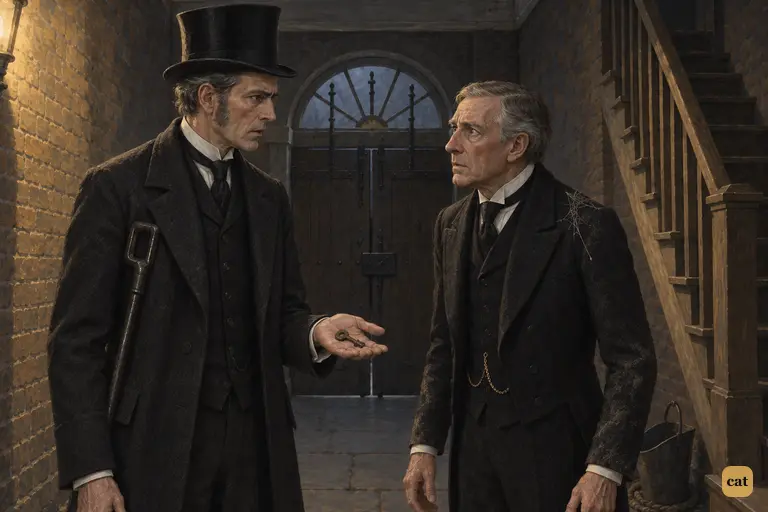 By the locked by-street door, Utterson holds out the two rusted halves of the broken key.