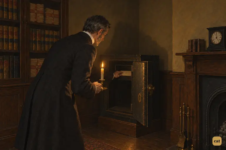 By the light of one candle, Mr. Utterson pushes Jekyll's will back into the dark of his iron safe.