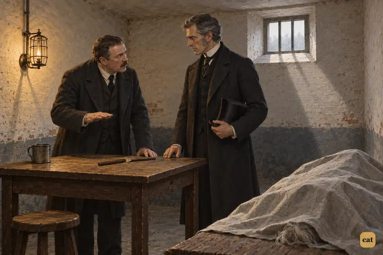 In a police cell, Utterson asks if Hyde is small; the inspector lowers his palm