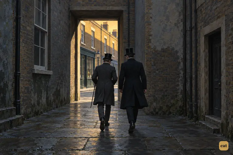 Utterson and Enfield hurry out of the dim, damp court in silence with their backs to the window.