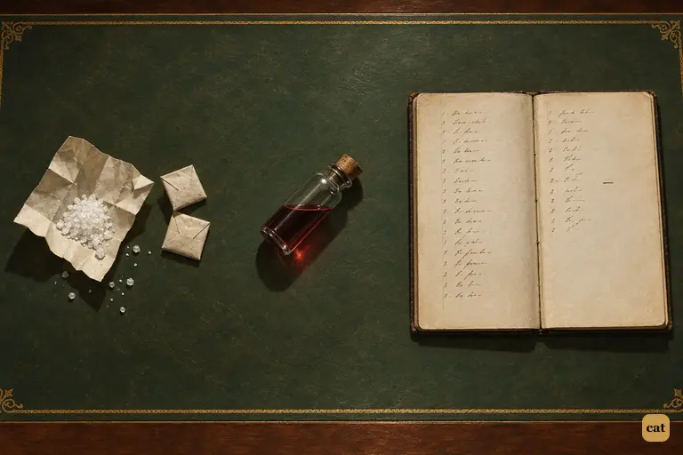 Jekyll's drawer on Lanyon's table: white salt, blood-red tincture, a book of dates