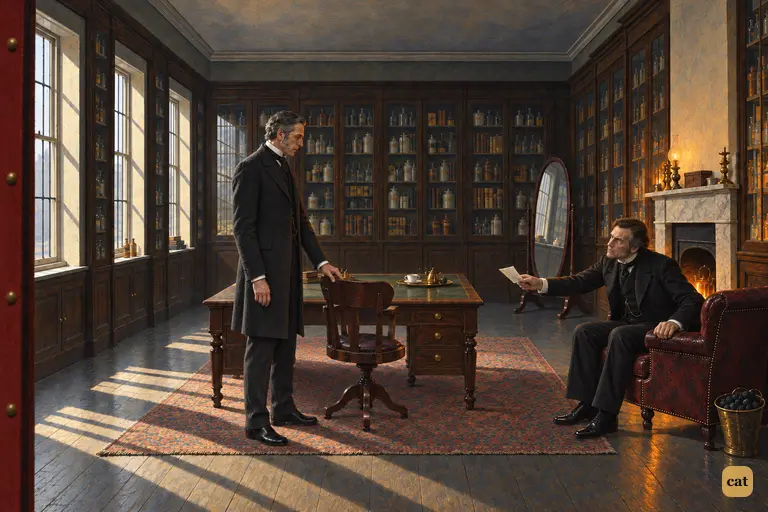 Utterson stands at the table as a pale Jekyll holds out the letter by the fire