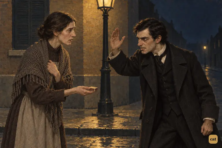 On a lamplit January street, a tired woman offers matches to a small man in baggy clothes