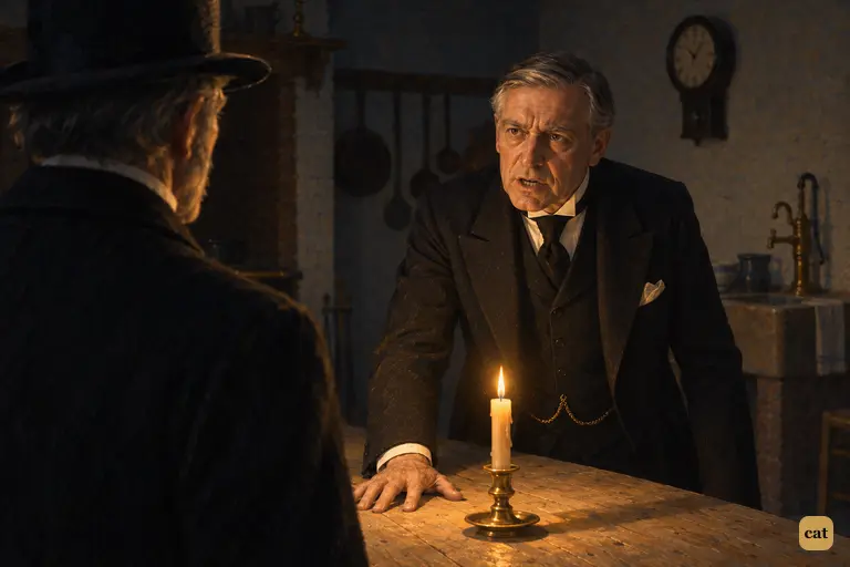By one candle in the cold kitchen, Poole slaps the table: his master was made away with