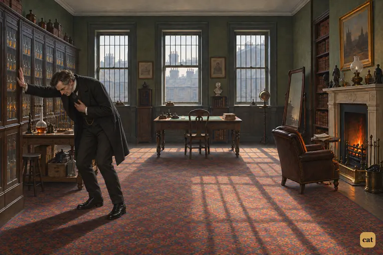 Just inside his cabinet, Jekyll doubles over against a glazed press as the change takes hold.