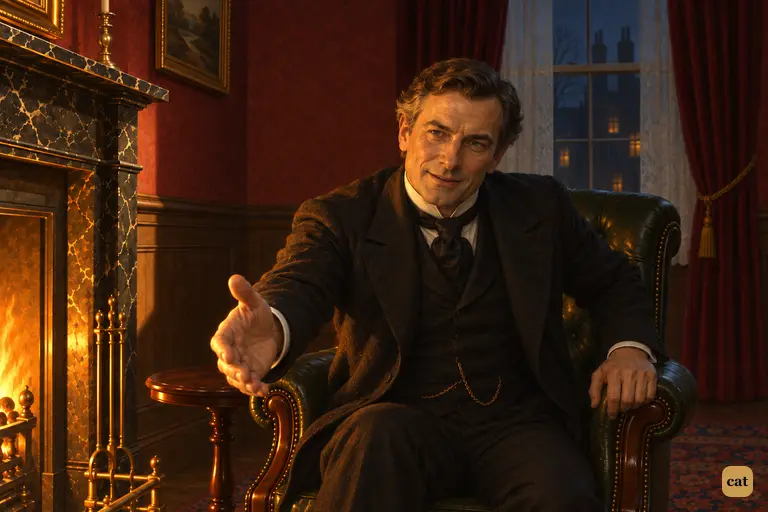 By the late fire, Dr. Jekyll leans across the hearth and holds out his hand to Utterson.