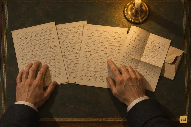 Utterson presses flat the many close-written pages of Jekyll's letter under one candle