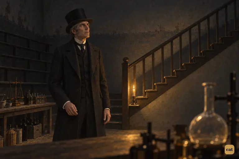 Utterson stands alone at the foot of the cabinet stair, lit from below by Poole's candle.