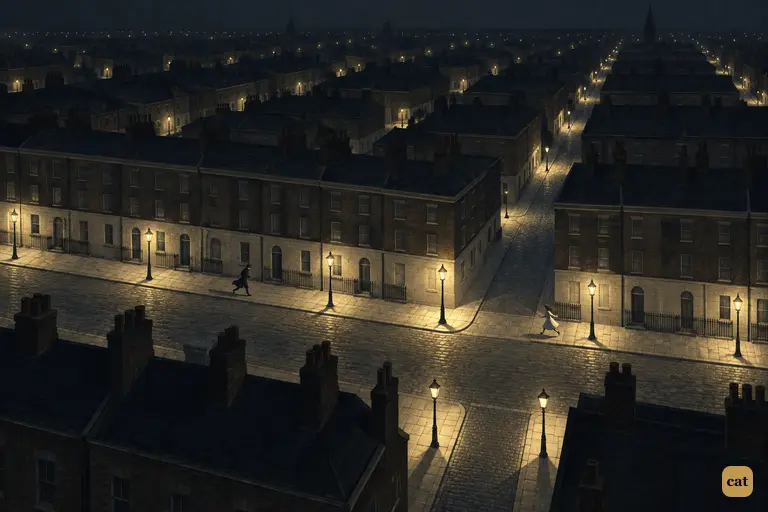 In Utterson's sleepless vision, a night city stretches out as an endless grid of gas lamps.