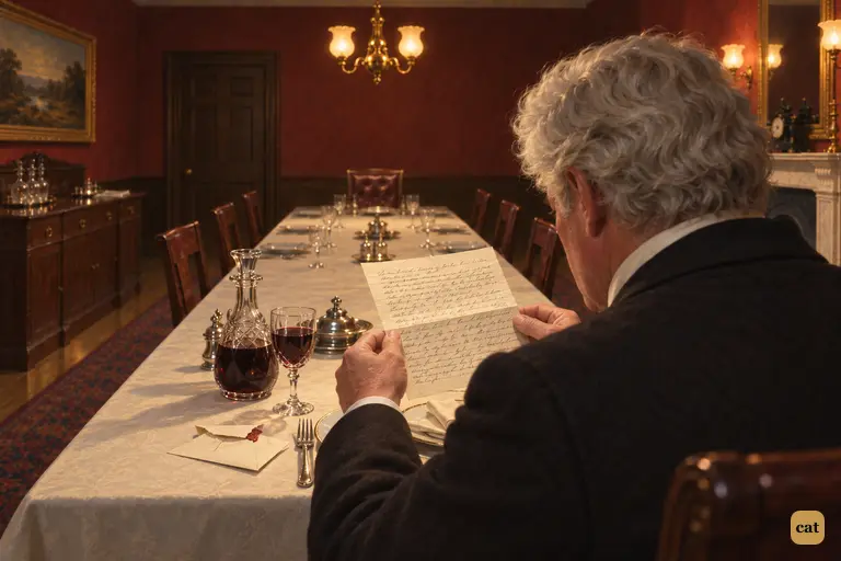 Alone at his laid supper table, Dr Lanyon holds Jekyll's registered letter taut under the gaslight.