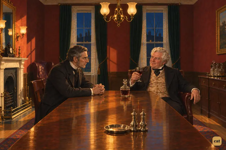 At Lanyon's gaslit table, Utterson leans in and brings the easy talk round to Henry Jekyll