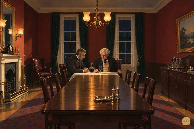 Utterson and Lanyon sit together at one corner of a long, empty dining table under the gaslight.