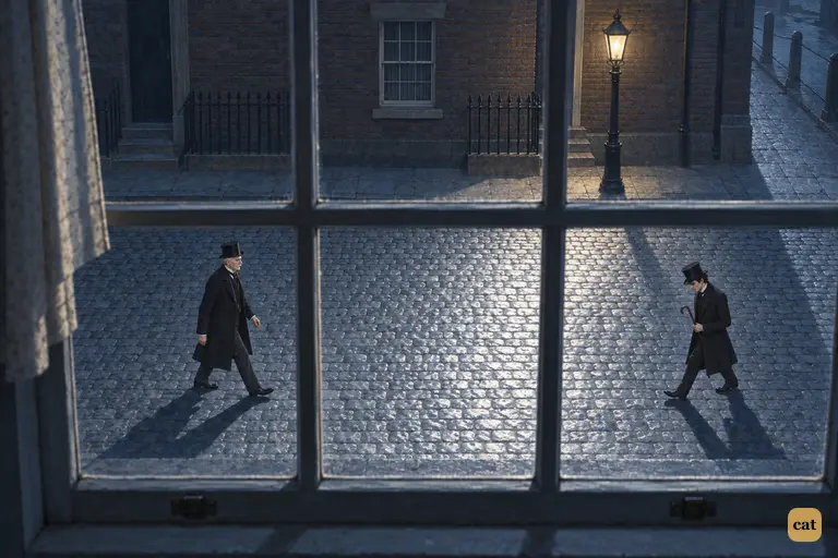 A white-haired old gentleman walks slowly down a moonlit lane by the river