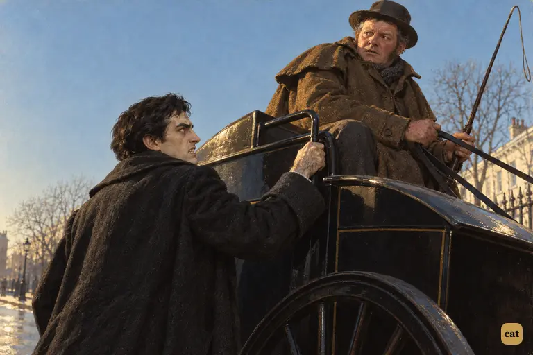 In bright January sun, Hyde bares his teeth at the laughing cabman beside the hansom