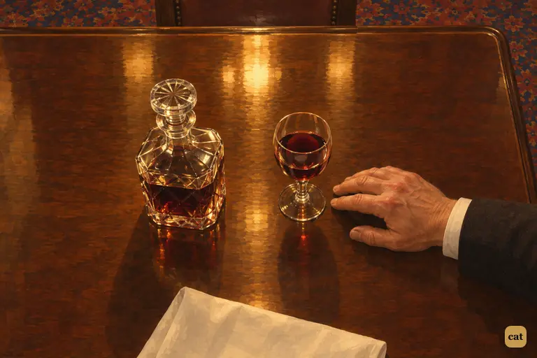 Seen from above, Dr. Lanyon's hand relaxes out of a fist beside his glass on the gaslit mahogany.