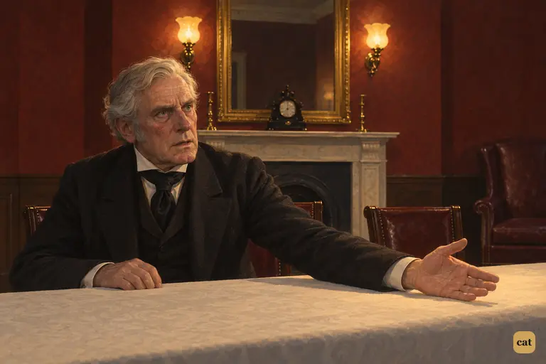 Utterson reaches his open hand across Lanyon's white tablecloth in a quiet plea
