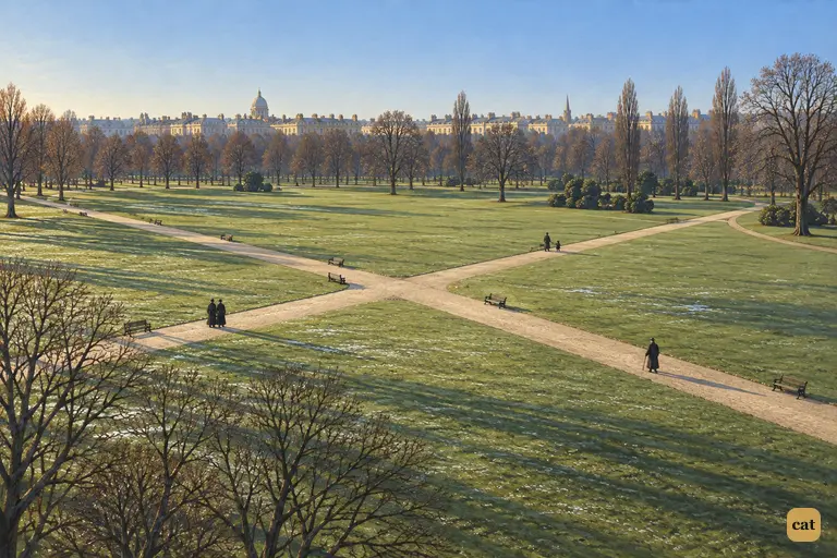 Seen from above, Regent's Park shines on a clear January day as strollers walk its paths