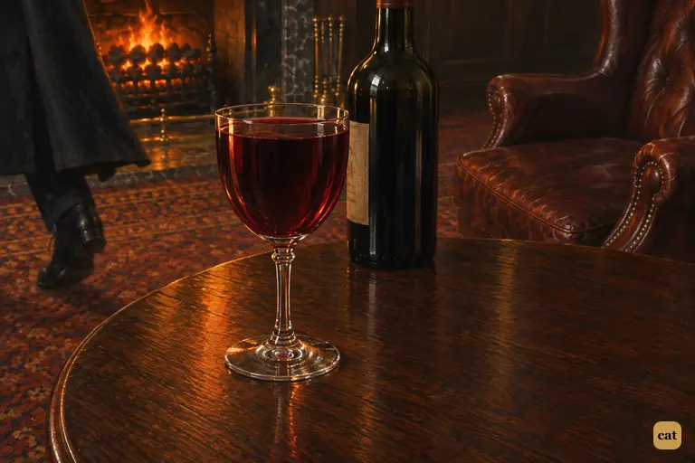 A glass of wine, still full to the brim, stands on the small round table by the fire.