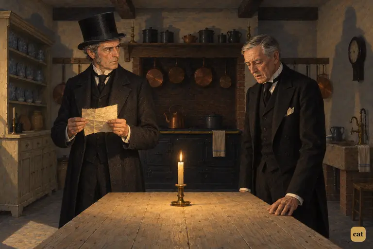 By one candle in the cold kitchen, Utterson looks up sharply from Jekyll's desperate note