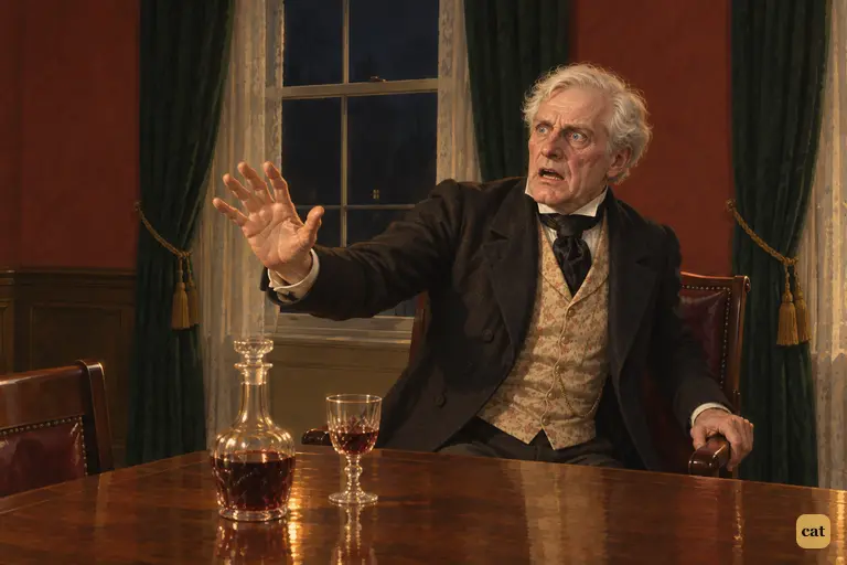 The dying Dr. Lanyon half-rises and holds up a shaking palm at Jekyll's name