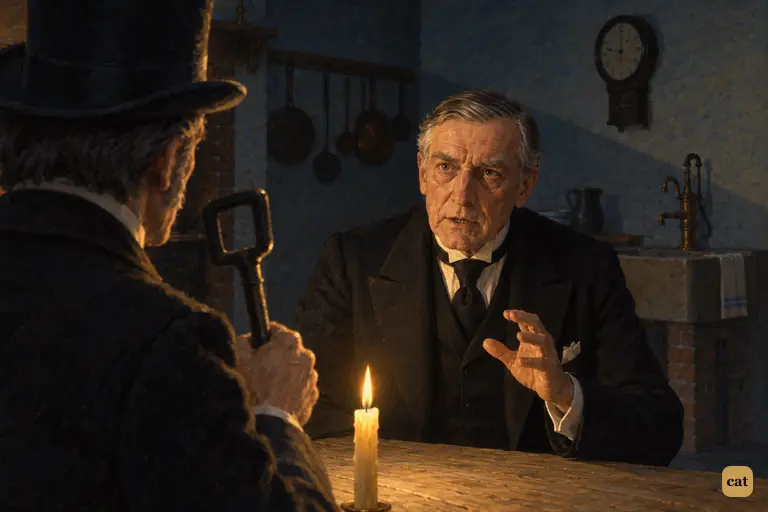 In the kitchen, the frightened butler looks Utterson in the eye and says the name