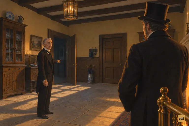 Poole points into the dark passage, telling Utterson Hyde comes and goes by the laboratory