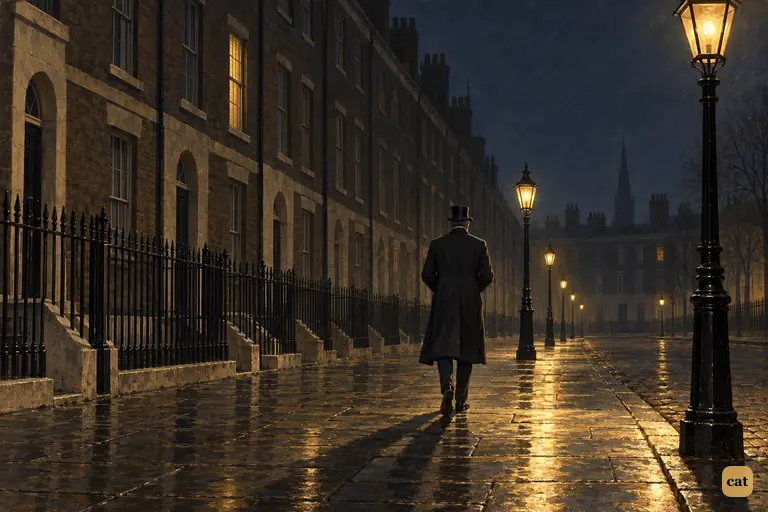 Mr. Utterson walks fast and alone down a lamplit London street toward Dr. Lanyon's house