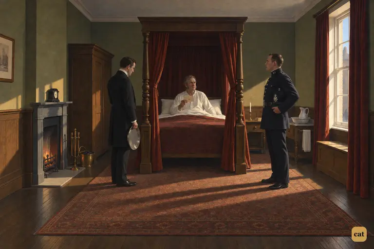 At dawn, Mr. Utterson holds the dead man's envelope as a constable waits by his bed