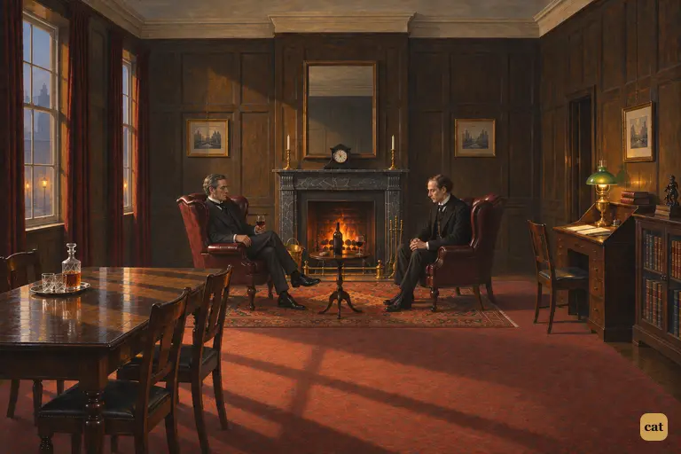 Mr. Utterson and his head clerk Mr. Guest sit by the hearth with old wine