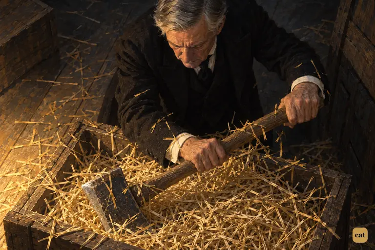 In the dark dissecting theatre, Poole drags a heavy axe out of a crate's packing straw