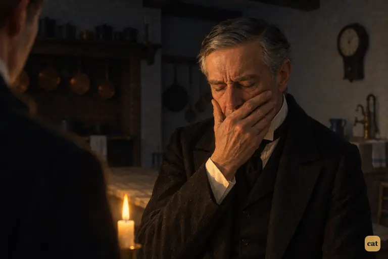 In the dark kitchen, the old butler stops in the middle of his story and drags a hand down his face.