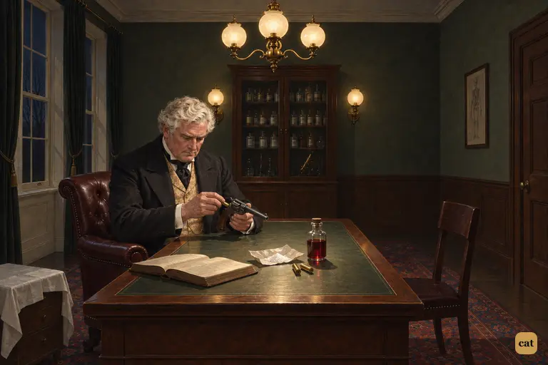 Alone at midnight, servants sent to bed, Dr Lanyon loads an old revolver under gaslight