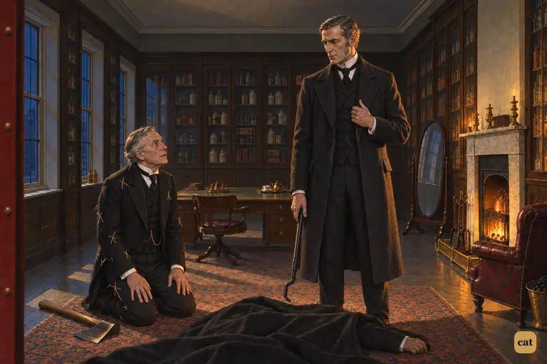 Utterson stands over Hyde's body in the firelit cabinet and says, "We have come too late."