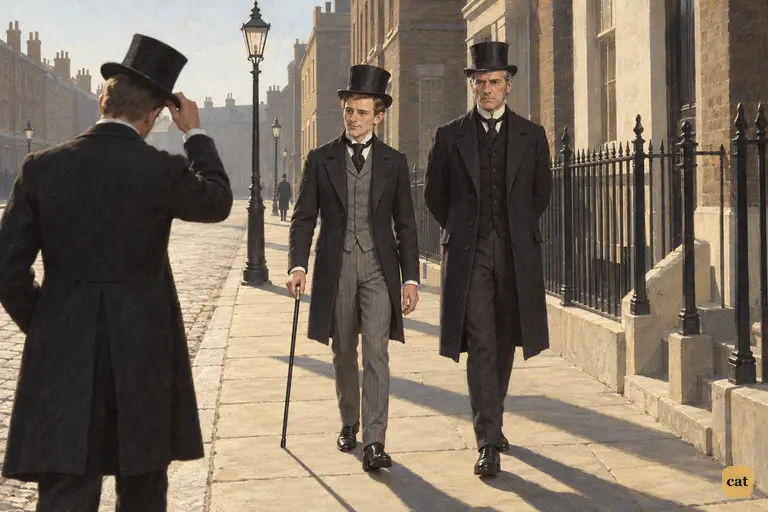 Mr. Utterson and Mr. Enfield walk side by side down an empty Sunday street in dull silence