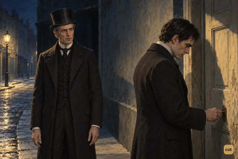 On a frosty night by the blistered door, Mr. Utterson politely asks to see Hyde's face.
