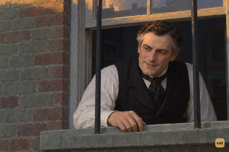 Dr. Jekyll leans out of his half-open window and smiles warmly down at his friends