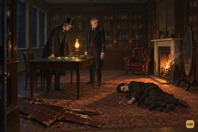 Utterson bends over the white salt on Jekyll's table as Poole glances back at Hyde's body