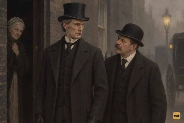 Utterson and Inspector Newcomen exchange a look as the housekeeper hovers