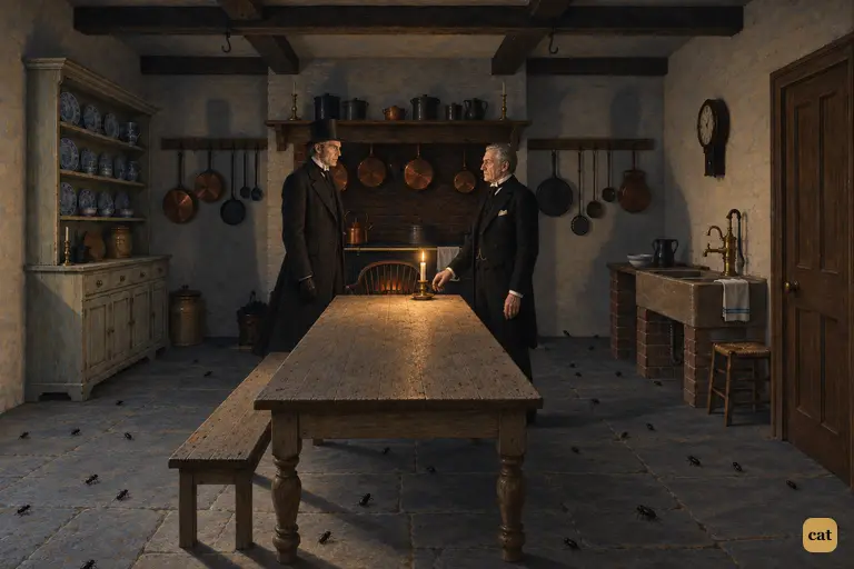 Poole leads Utterson into Jekyll's great kitchen, where the fire is out and beetles leap