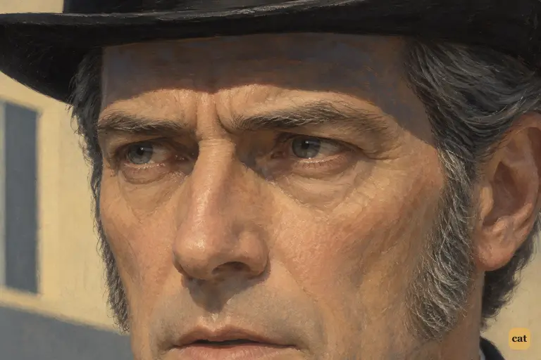 Extreme close-up of Mr. Utterson's eyes under the black brim of his top hat, grave and steady.