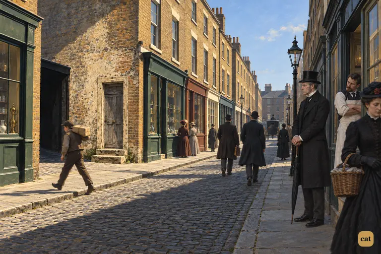 In the noon rush, Mr. Utterson stands still among shoppers, staring at the blistered door